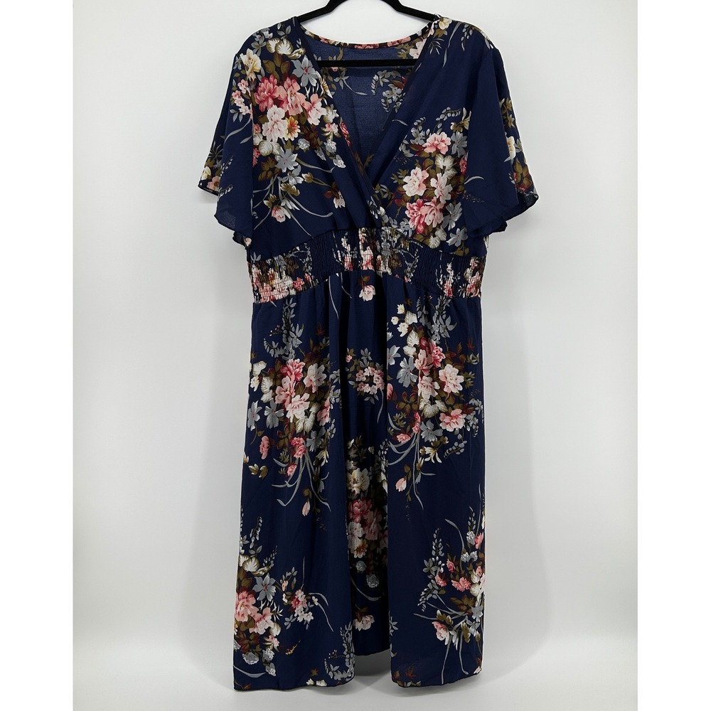 Navy Blue Floral Smocked Waist Midi Dress Plus Size 5XL Maternity Spring Cottage